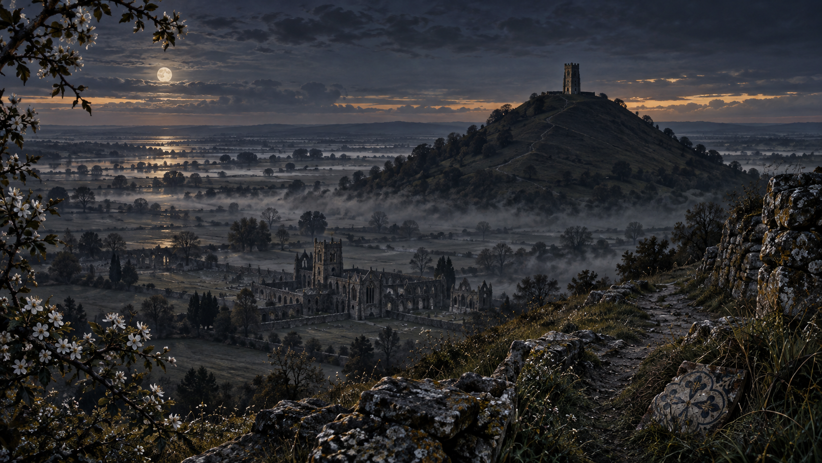 Original atmospheric illustration of Glastonbury Tor, an imagined abbey, and a patterned tile at dusk