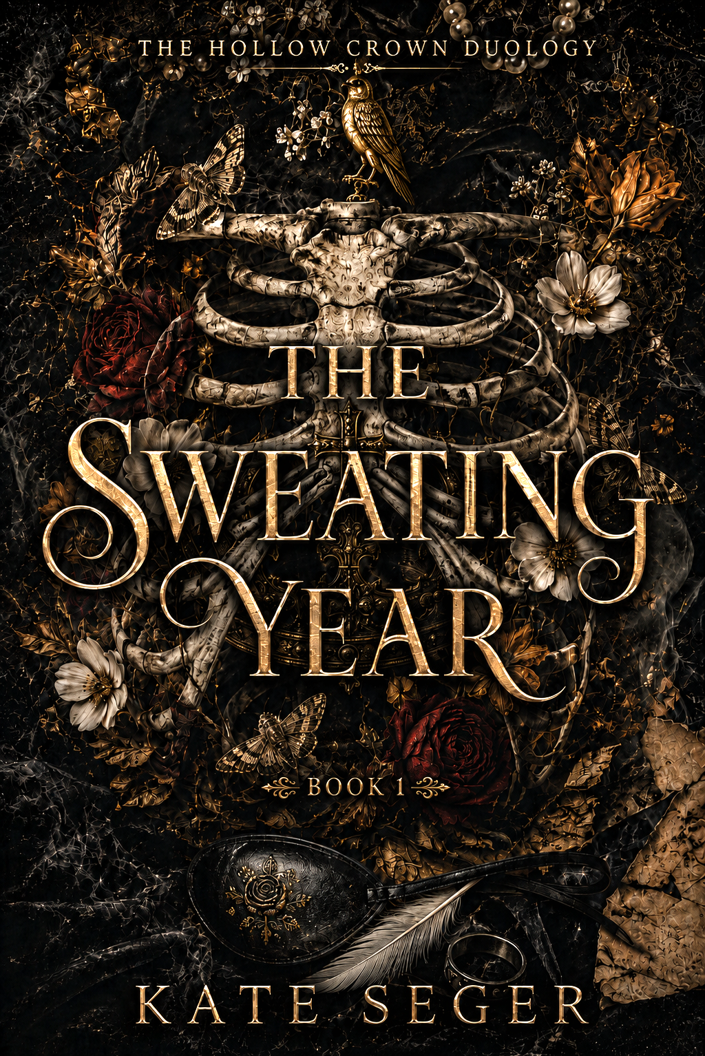 The Sweating Year by Kate Seger — a gilded ribcage at the center of a dark, mossy background with a raven, botanical decay, a vigil candle, and a feather.